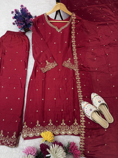 Red Color Festival Wear Dress in Chinon Silk Fabric