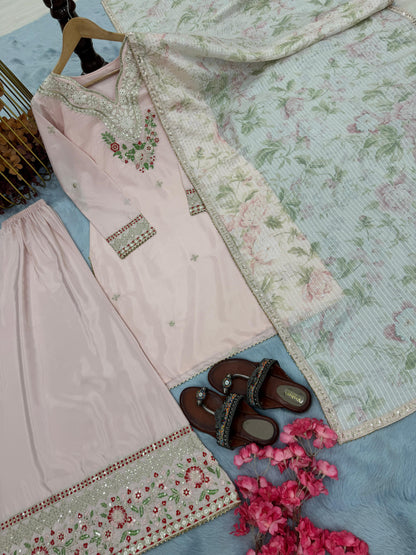 Đěsigner Party Wear Look Pur Natural Crepe Top & Palazzo With Dupatta Set