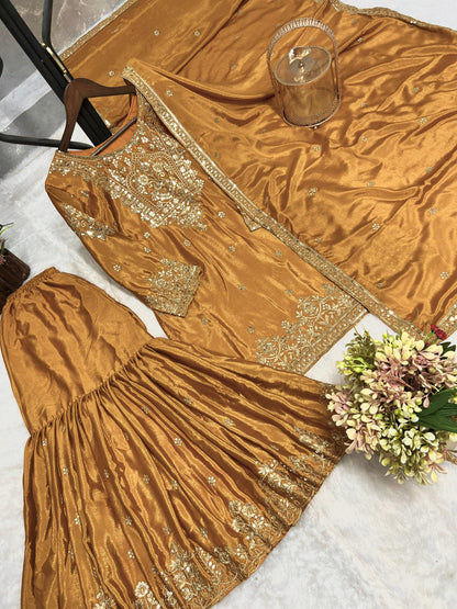 Embroidery And Sequence Worked Top-Sharara And Dupatta Set Fully Stitched Ready To Wear
