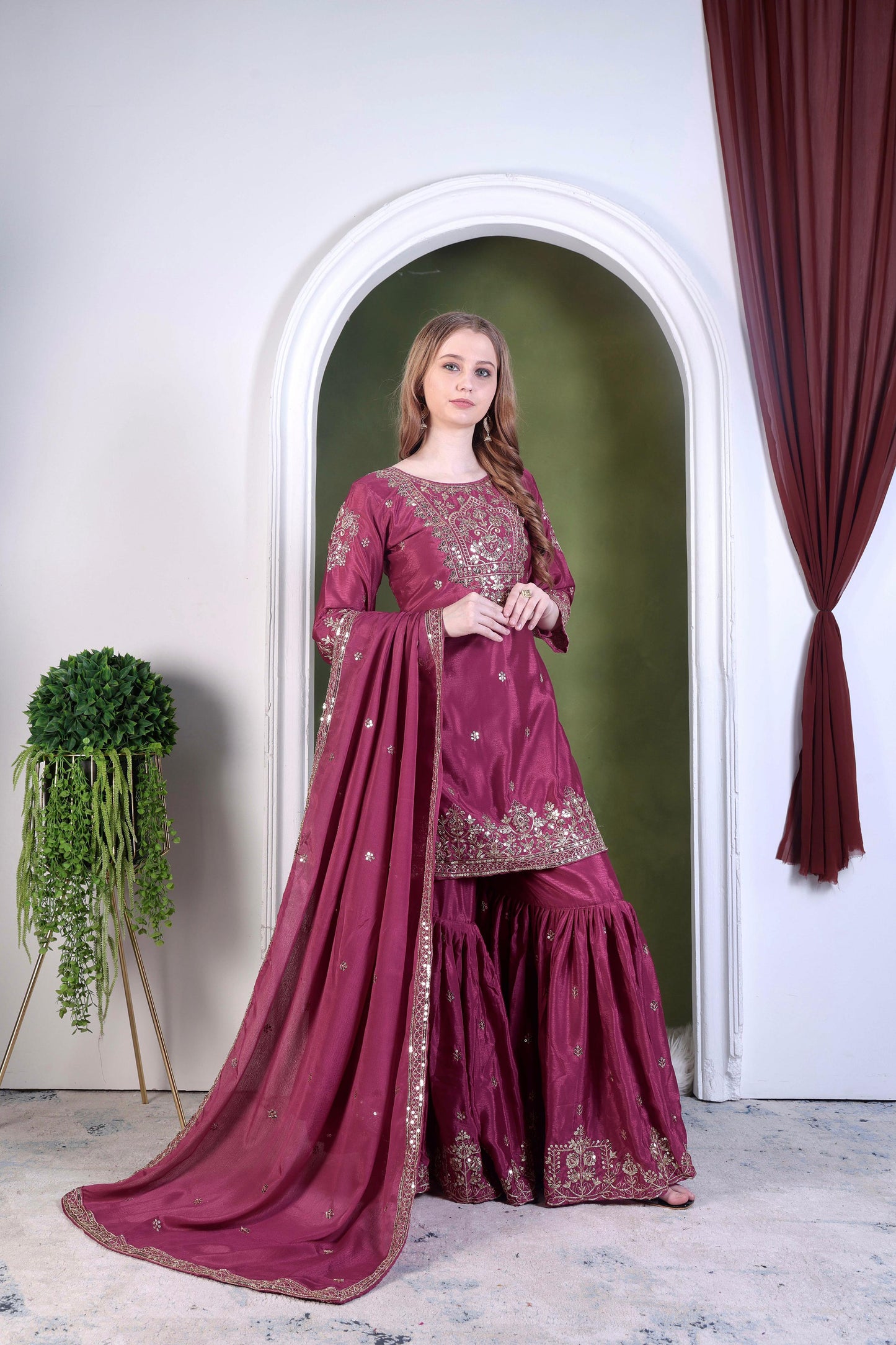 Embroidery And Sequence Worked Top-Sharara And Dupatta Set Fully Stitched Ready To Wear