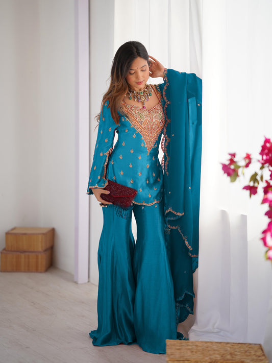 simar silk with embroidery work top-bottom and dupatta set fully stitched ready to wear