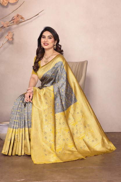Yellow Grey Color Beauitful Daily Wear Use Saree