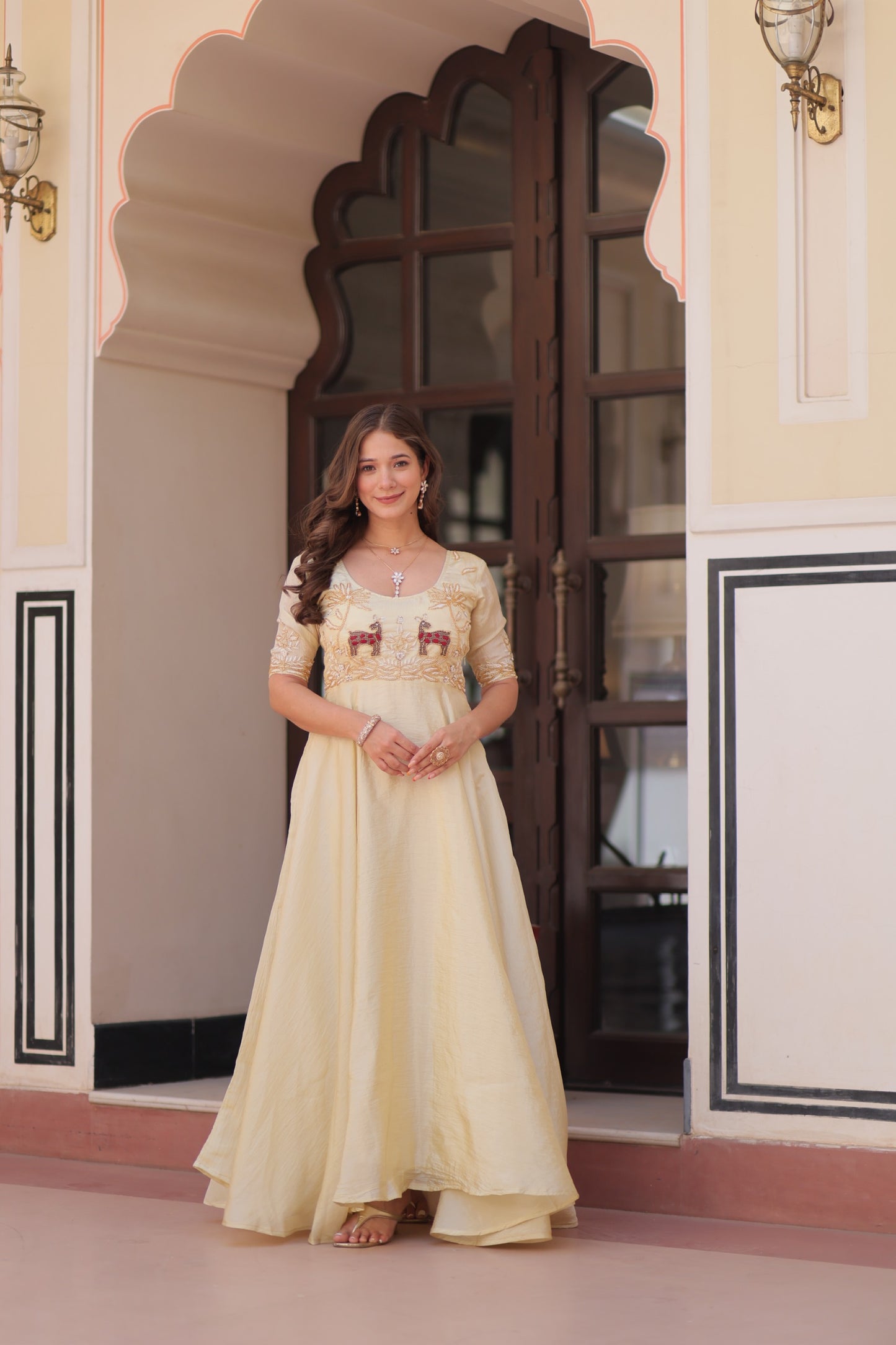 cream Color Beautiful Partywear Gown in silk fabric