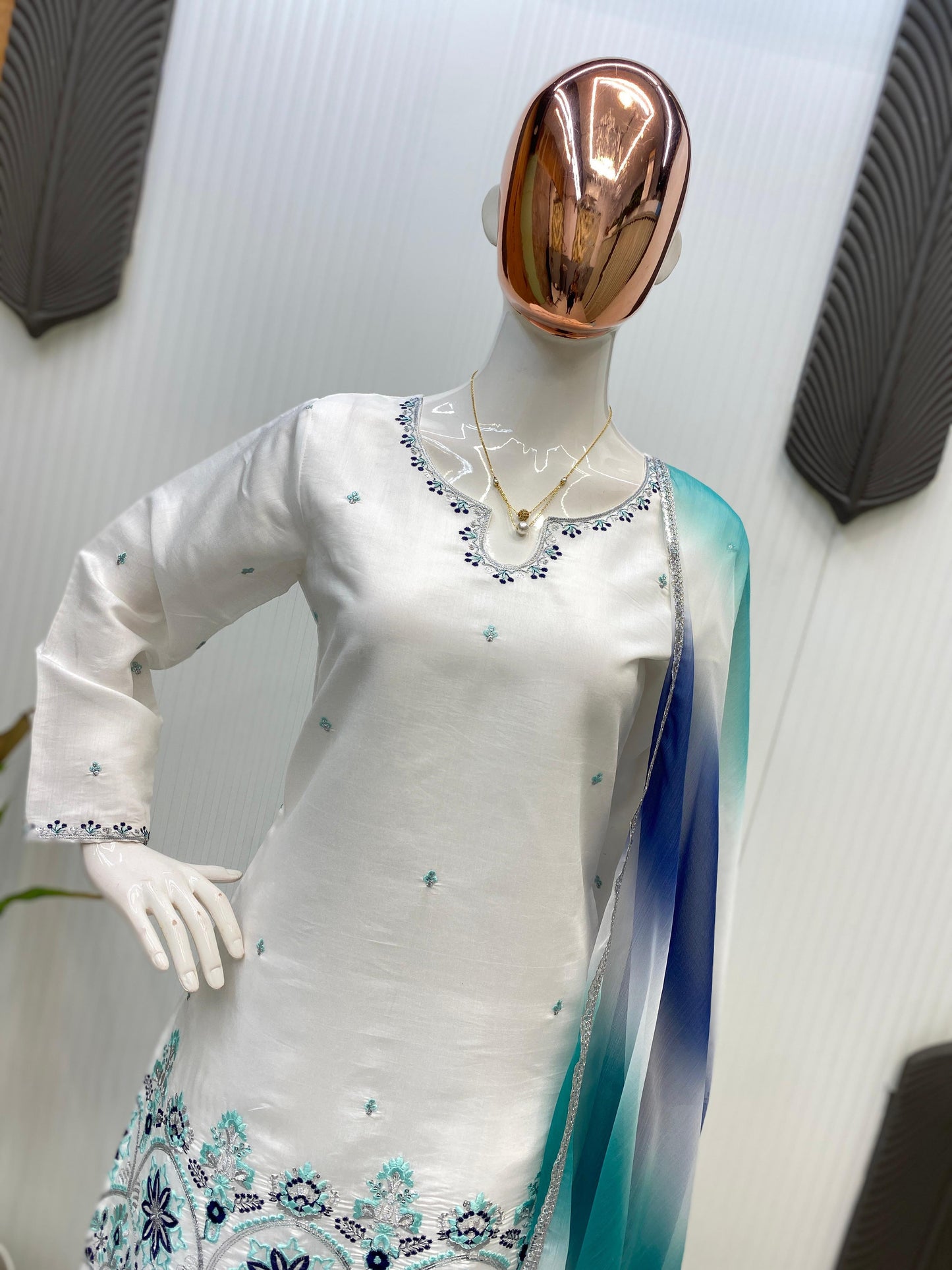 Roman Silk Fabric Salwar Kameez in Off white color