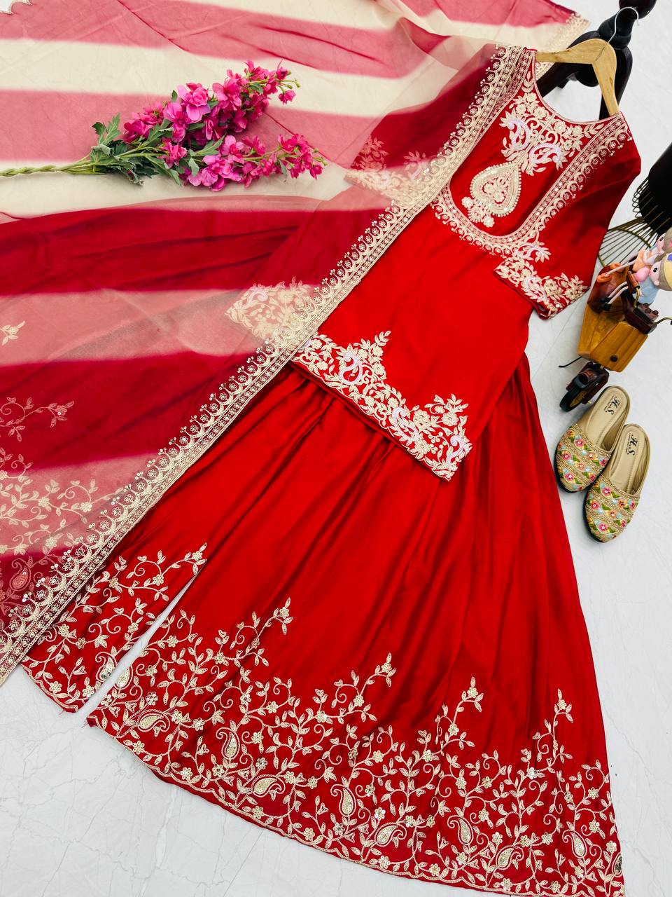 Designer Party Top Sharara & Dupatta Set in red color