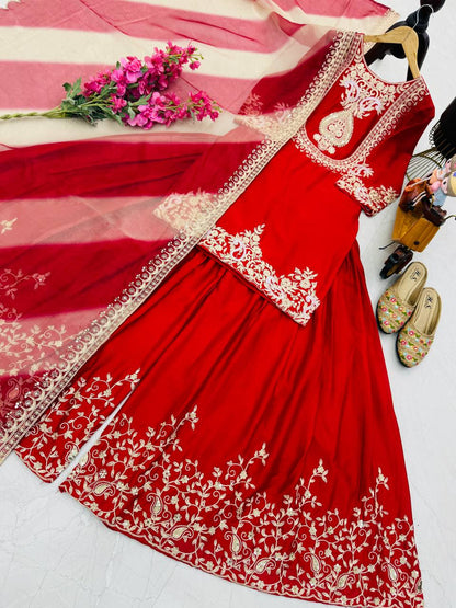 Designer Party Top Sharara & Dupatta Set in red color