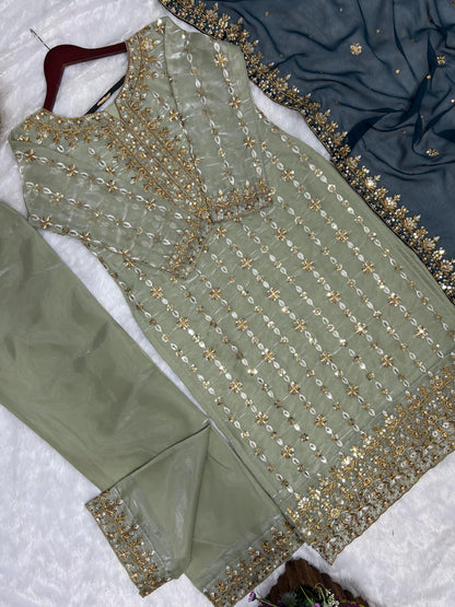 3 Piece Stylish Kurti, Bottom And Dupatta With Beautiful Embroidery Sequence Work