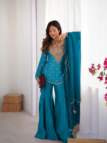 simar silk with embroidery work top-bottom and dupatta set fully stitched ready to wear