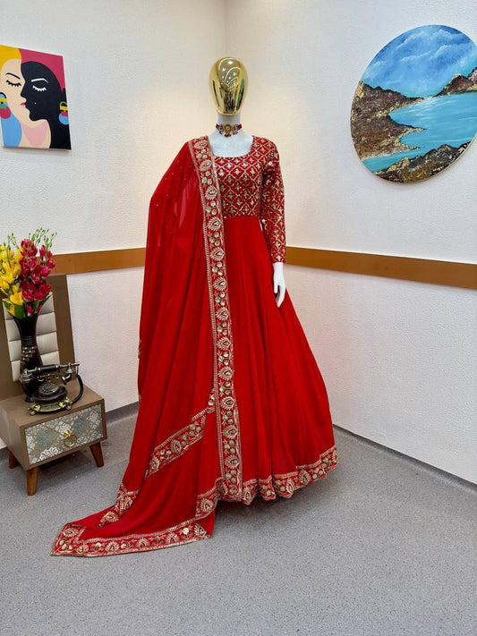 Red color gown in georgete fabric