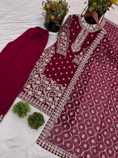 Red Color party wear look top-plazzo and dupatta with heavy embroidery work