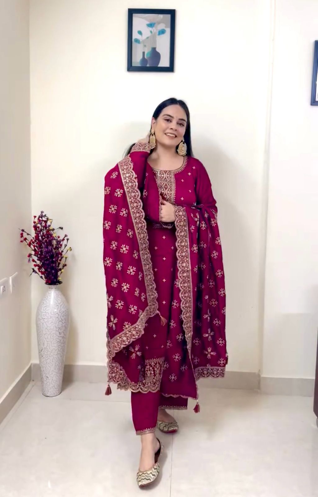 Vichitra Silk Top-Pent And Dupatta Set Fully Stitched Ready To Wear