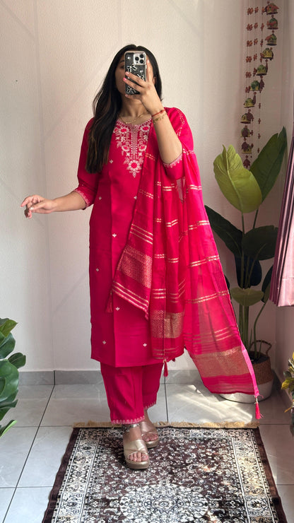 Pink color summer Wear Dress in Roman silk Fabric