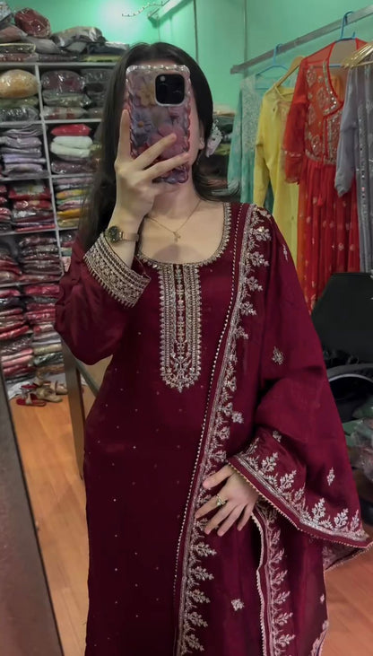 Chinnon And Heavy Embroidery Sequence Work Top-Bottom And Dupatta Set