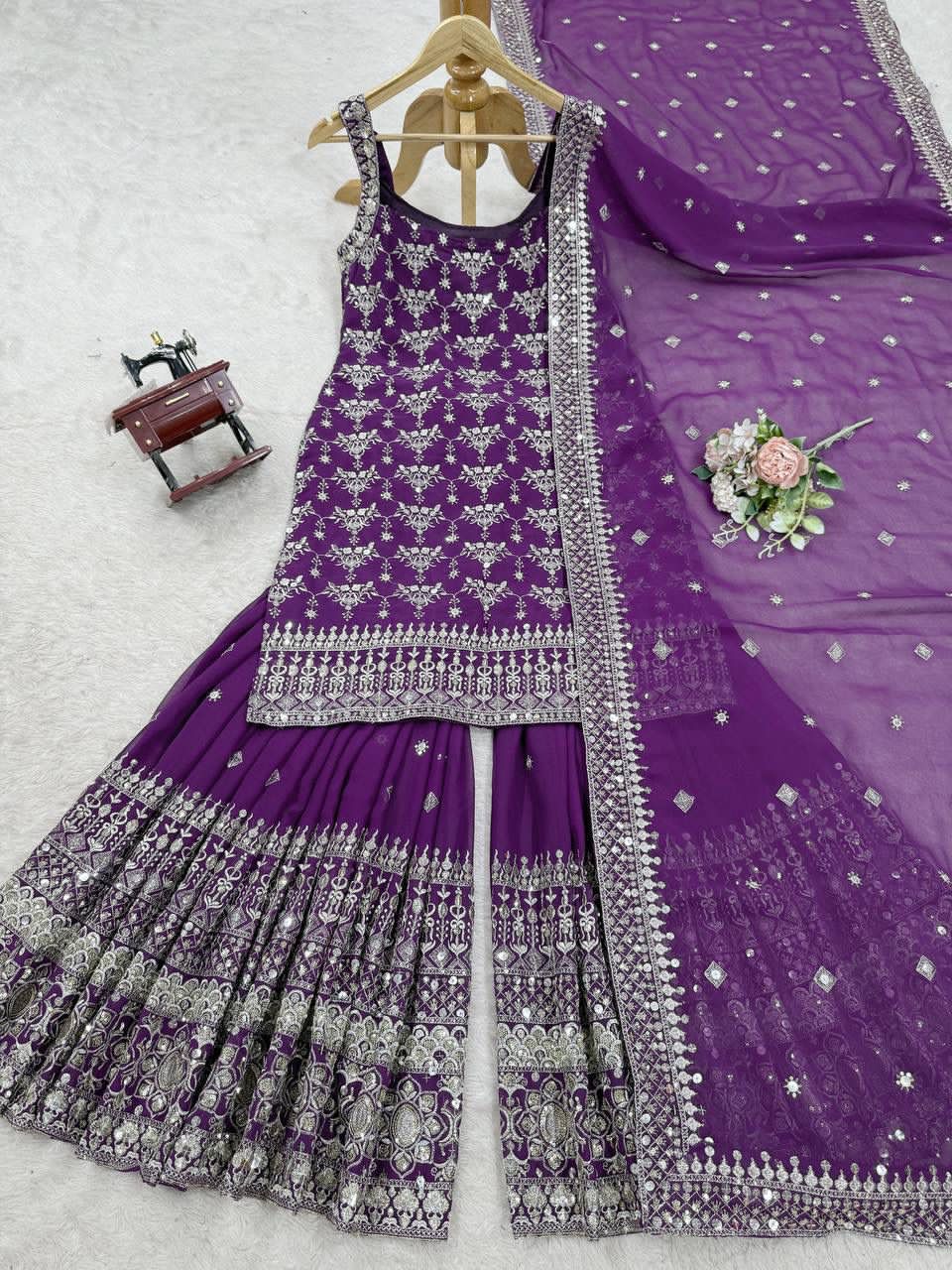 purple colour beautiful partywear sharara dress