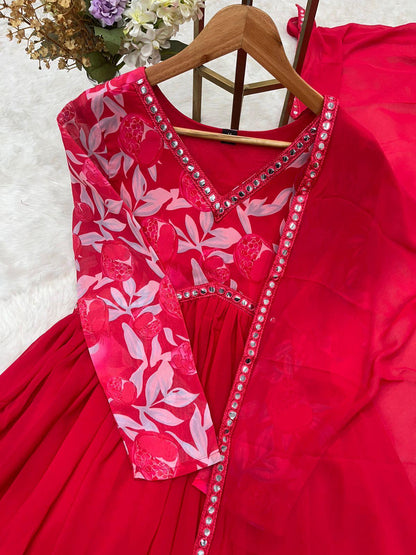 Red Color Beautiful Partywear ANarkali Dress with dupatta