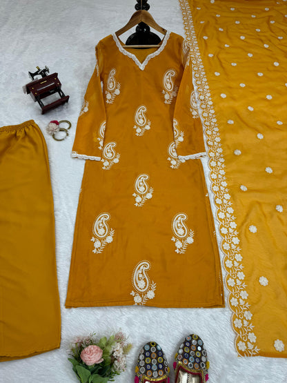Suit On Tibby Silk Febric With Inner And Thred Work And Pent On Crep Febric And Dupatta