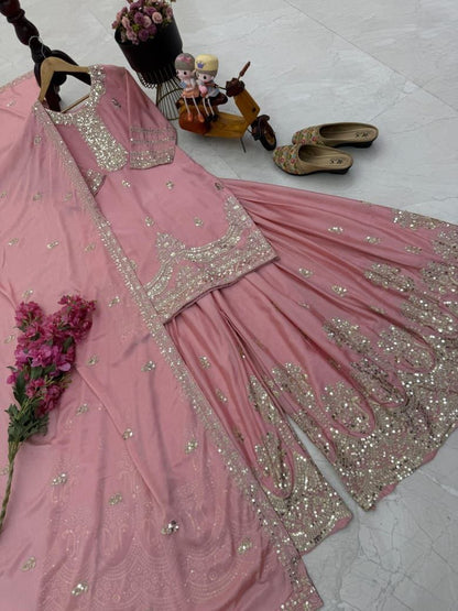 Designer Party Top Pallazo & Dupatta Set in pink color