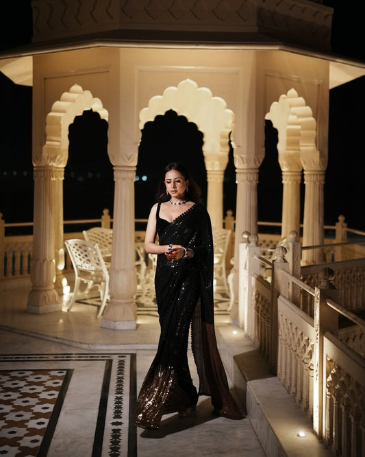 Black Color Beautiful Partywear Georgette Fabric Saree