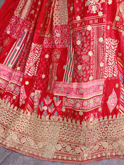 Red Color Beautiful Lehenga Choli in Chinon Silk Fabric