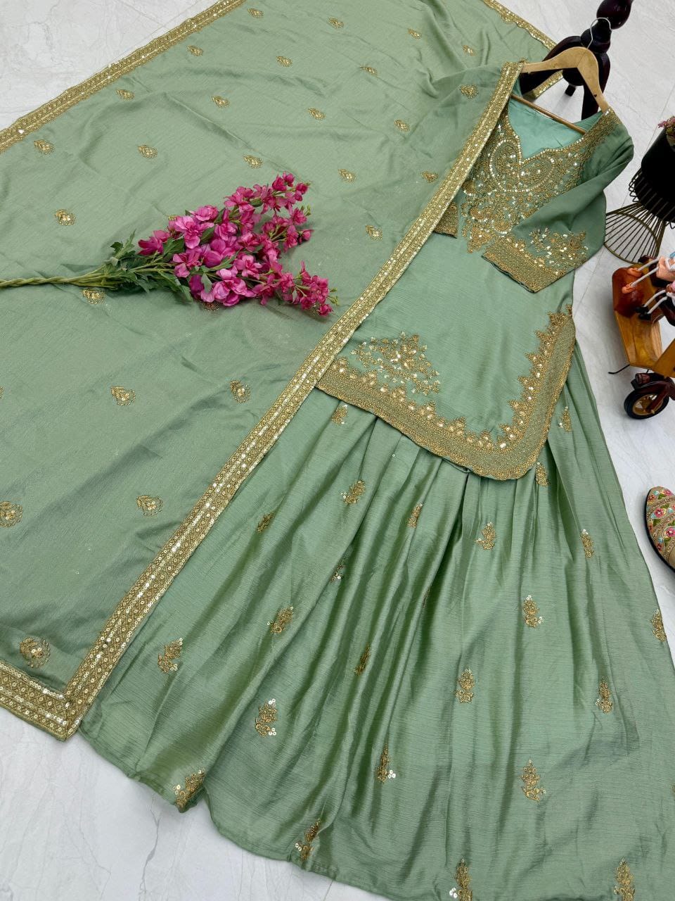 Green Color Beautiful Sharara Suit in Chinon FAbric