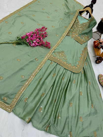Green Color Beautiful Sharara Suit in Chinon FAbric