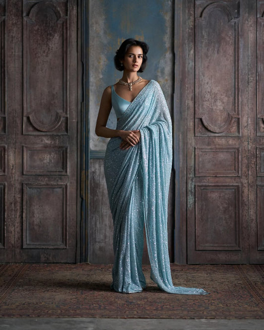 Sky BLue Color Partywear Saree in Georgette Fabric