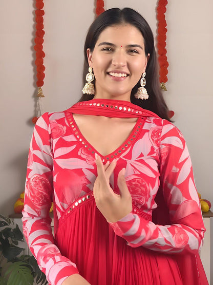 Red Color Beautiful Partywear ANarkali Dress with dupatta