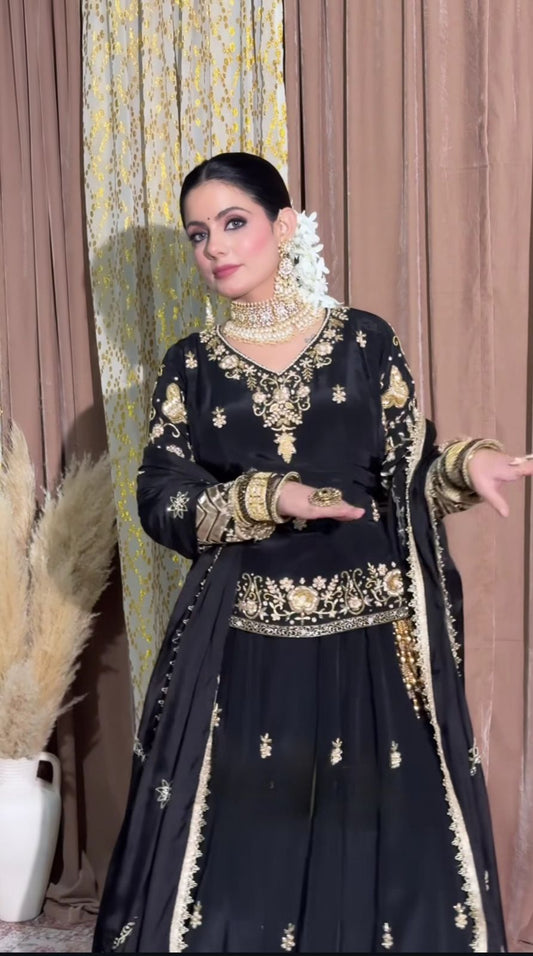 Black Color Beautiful Silk Dress in Top + lehenga with dupatta set