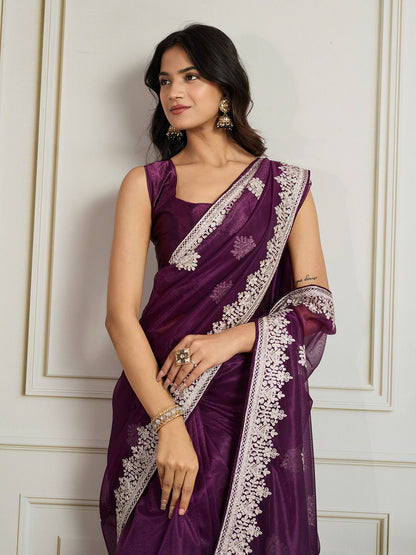 Party Wear Twill Net Saree in purple color