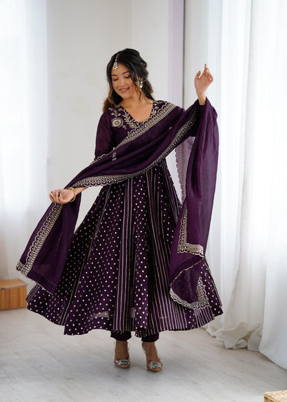 purple color anrakli gown in silk fabric with embroidery work