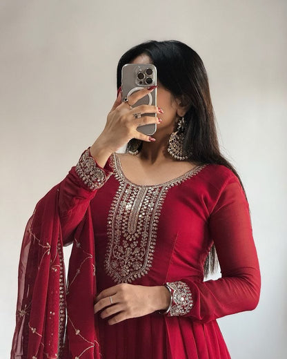 Designer Party Gown & Dupatta Set in red color