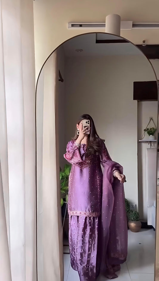 Designer Party Wear Look Top-Plazzo and Dupatta With Heavy Embroidery Work