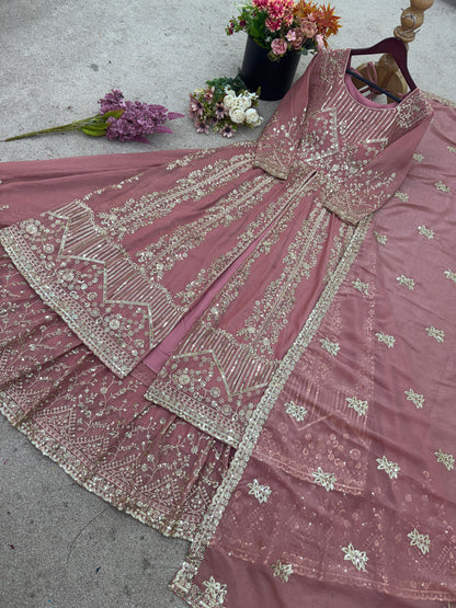 Crunchy Silk Beautiful Plazzo suit in pink color