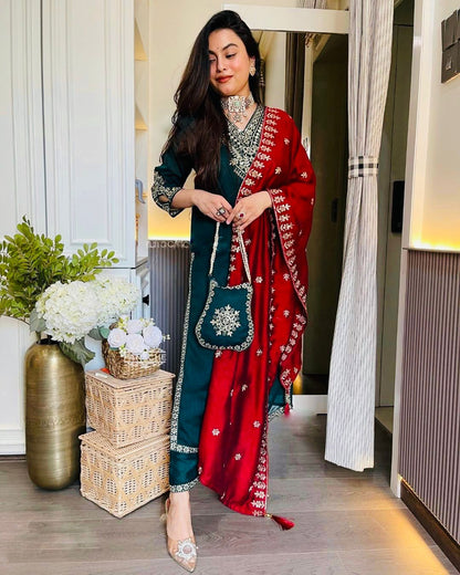 Festival Collection In Chinnon And Heavy Embroidery Sequence Work Top-Bottom And Dupatta Set