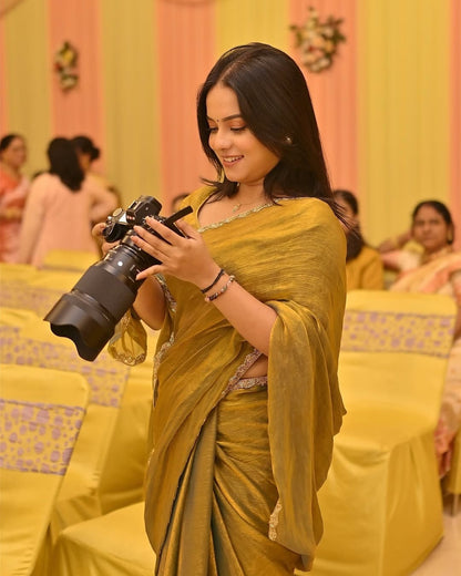 Golden Color Beautiful Partywear Saree