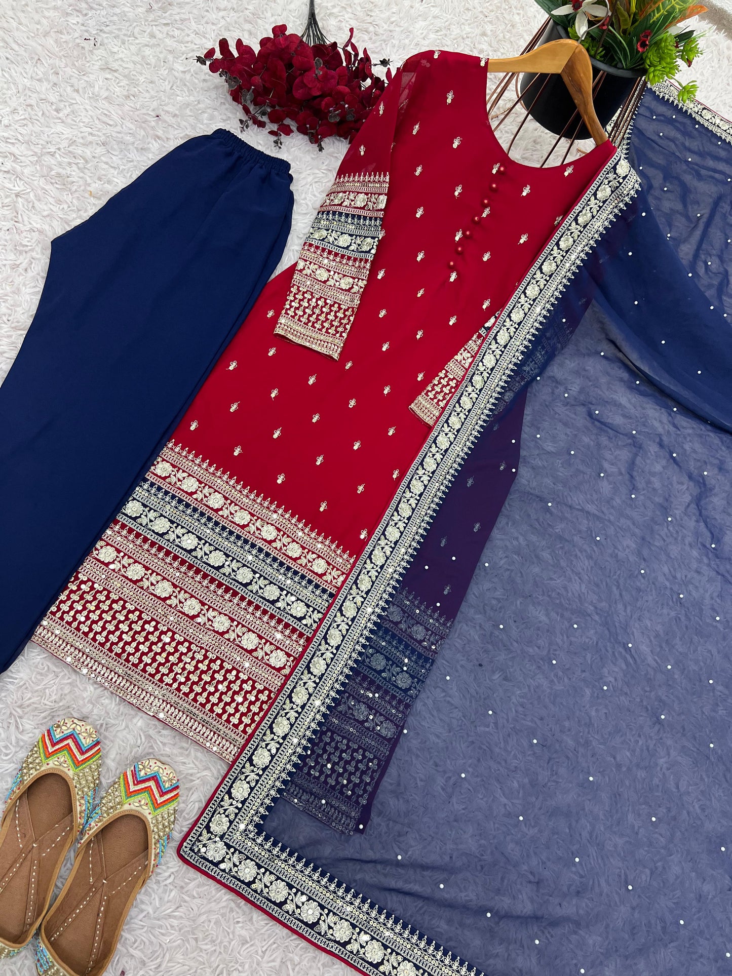 Maroon Red Blue Color Beautiful Partywear Dress in georgette fabric