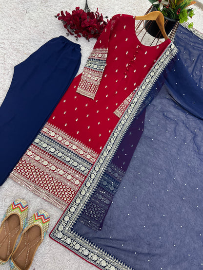 Maroon Red Blue Color Beautiful Partywear Dress in georgette fabric