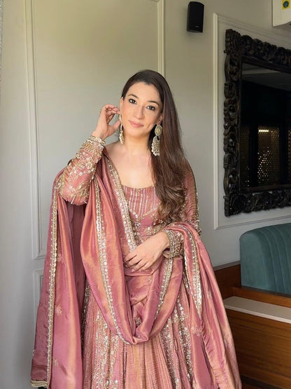 Crunchy Silk Beautiful Plazzo suit in pink color