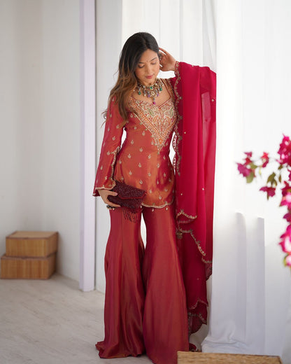 simar silk with embroidery work top-bottom and dupatta set fully stitched ready to wear
