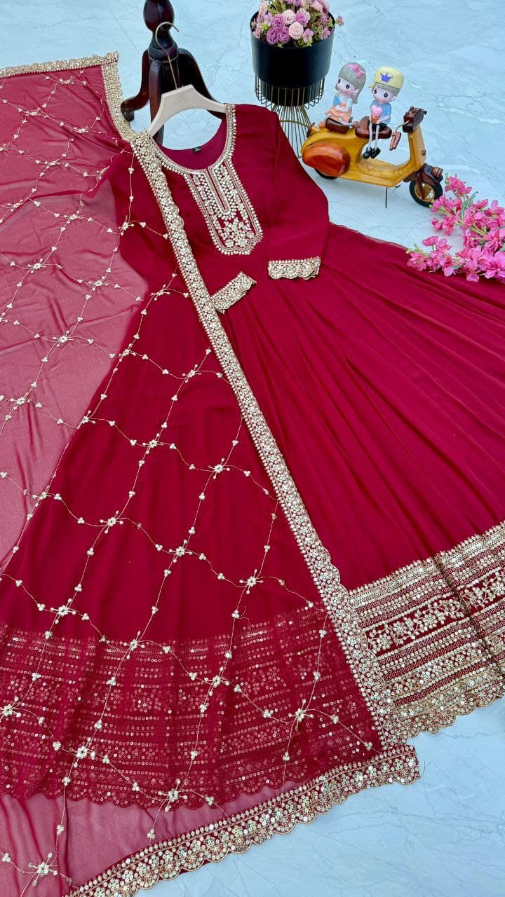 Designer Party Gown & Dupatta Set in red color