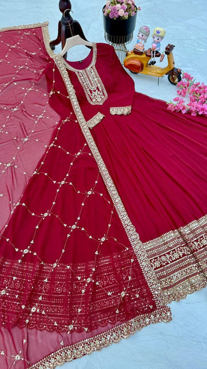 Designer Party Gown & Dupatta Set in red color