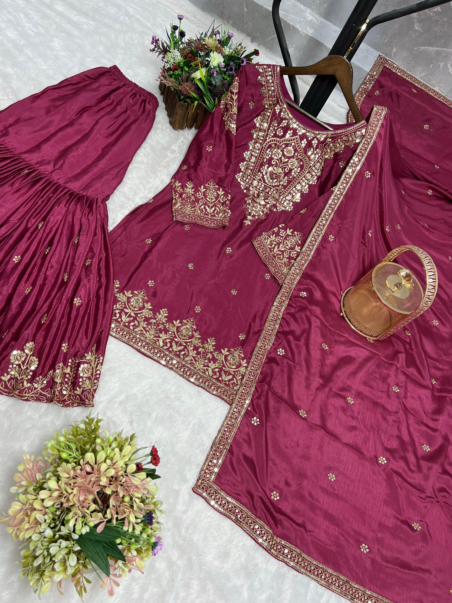 Embroidery And Sequence Worked Top-Sharara And Dupatta Set Fully Stitched Ready To Wear