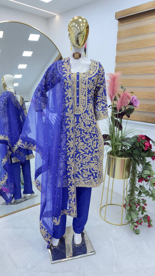 BLue Color PArtywear Dress in Chinon Fabric