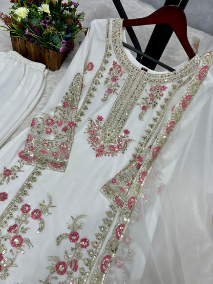 White color 3 Piece Stylish Kurti Dupatta With Beautiful Plazzo