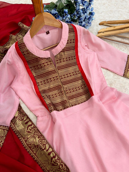 Pink Color Gown with dupatta in vichitra silk fabirc