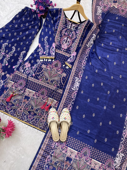 designer wear trending top with printed work with hand work with plazo and dupatta set