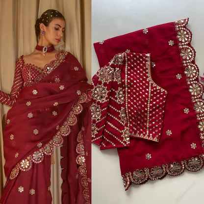 Red Maroon Color Beautiful Partywear Saree