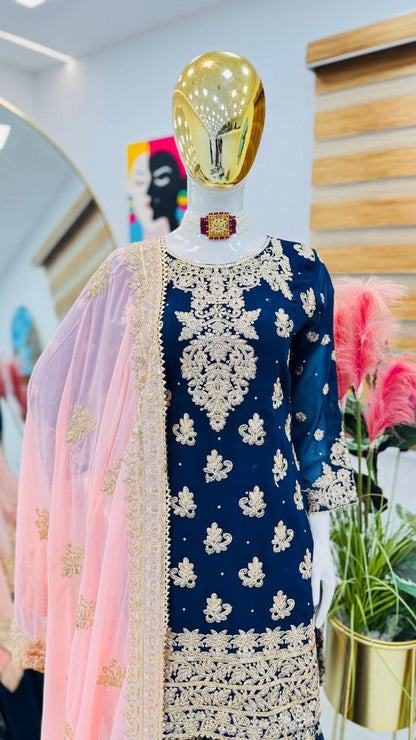 Blue Color Beautiful Sharara Dress in Georgette Fabric