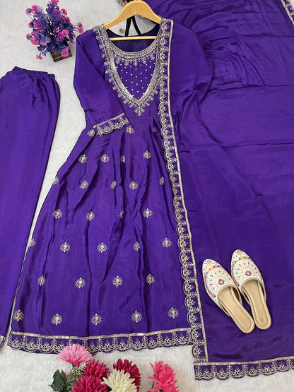 Purple Color Traditional Dress in Chinon Fabric
