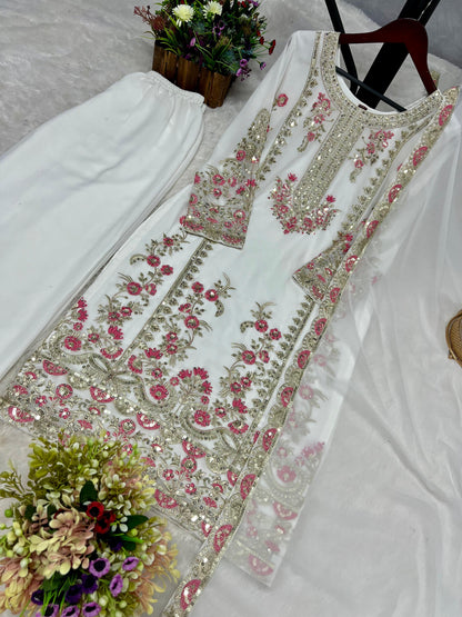 White color 3 Piece Stylish Kurti Dupatta With Beautiful Plazzo
